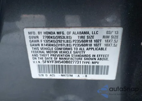 2013 Honda Pilot Ex-L from USA, damaged, VIN 5FNYF3H54DB027731